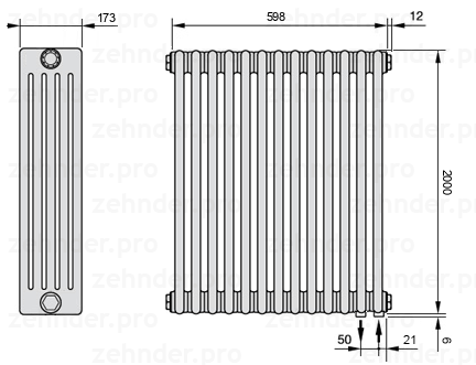 Схема (чертеж) Радиатор Zehnder Charleston 5200/13 №5510 Белый глянцевый RAL 9016
